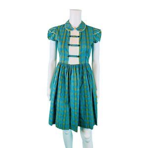 Vintage 1940s Blue Green Plaid Dress Puff Sleeve Shirtdress | W 28"
